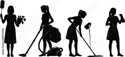 Silhouette women performing various household cleaning tasks with tools, vacuuming, dusting, mopping, spraying cleaners, domestic chore concept,