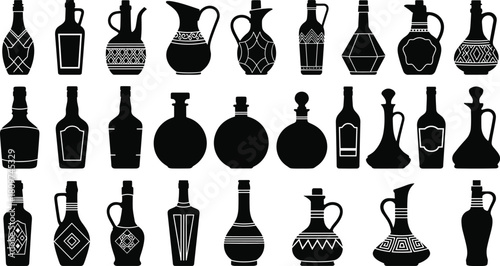 Elegant collection of vintage decorative bottles and ornate containers silhouette vector illustration, showcasing diverse shapes, artistic patterns,