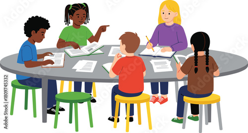 Children studying together at classroom table, collaborative learning, diverse students, group activity, education teamwork, school kids reading, writing, discussing academic materials