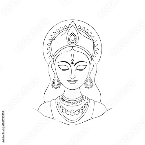 Beautiful Hindu goddess Devi in meditation with traditional jewelry and crown line art