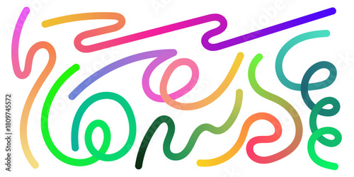 Bold gradient waves twist with playful squiggles and rainbow ribbons. Fluid curves and bright splashes create a lively abstract mood perfect for party posters and modern celebratory design projects.