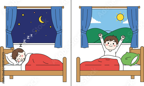 Cute child sleeping at night and waking up in morning, bedtime routine, sleep cycle, day and night contrast, educational vector illustration