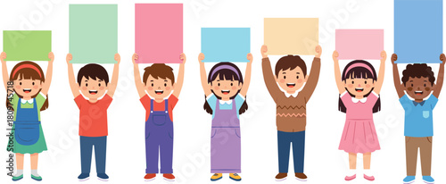 Diverse group of cartoon children holding colorful signs, unity and inclusion concept, ideal for educational, multicultural, and awareness-themed vector illustration content