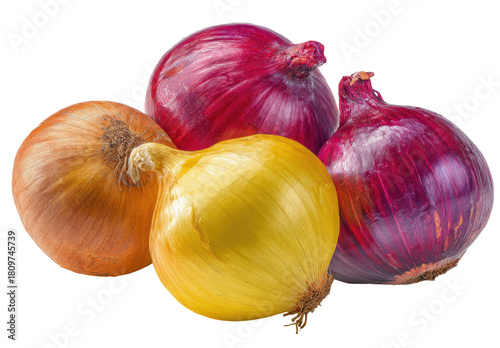Close-up of three different colored onions