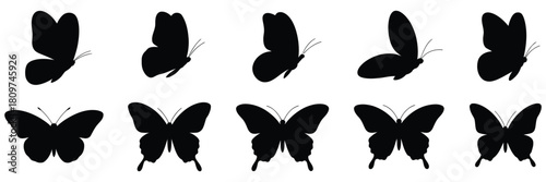 Flying butterflies black silhouette set, isolated on white background, vector art illustration, nature and wildlife concept, elegant decorative design, digital graphic elements for apps, websites, 