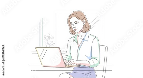 Illustration of a focused business woman working on a laptop in a minimalist style office