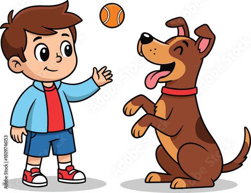 Happy little boy playing fetch with his brown dog, throwing orange ball, funny cartoon vector illustration isolated on white background.