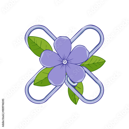 Abstract Purple Flower on Paper Clips with Green Leaves Illustration
