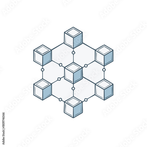 Network of connected cubes with lines and circles representing a data structure or system