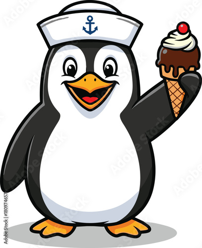 Cute cartoon penguin sailor character wearing hat, holding chocolate ice cream cone, funny mascot vector illustration isolated on white background.