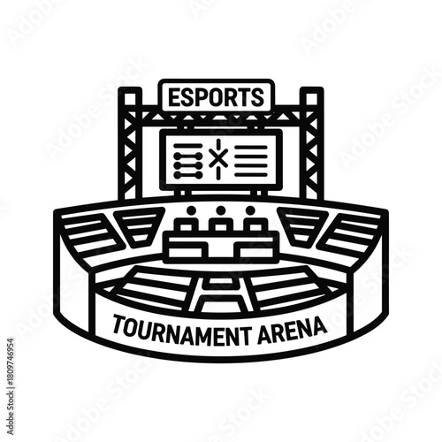 A line art illustration depicting an esports tournament arena with a large screen and audience seating