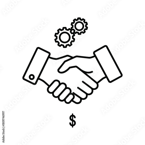 A line art illustration of two hands shaking, with gears above and a dollar sign below, representing business deal or partnership