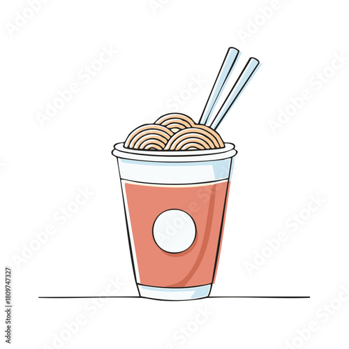 Simple illustration of a cup of noodles with chopsticks and broth