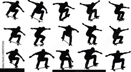 Silhouette skateboarder performing dynamic tricks in multiple action poses, extreme sports vector illustration set,