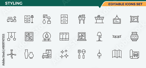 Set of Styling line icon. Includes thin line symbols decoration, interior, home, art and design, room and more. Decor icon set. Minimalist vector collections. Editable vector stroke.