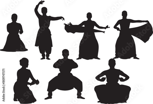 Silhouettes of classical Indian dancers performing traditional poses on white background