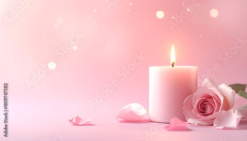 Soft pink ambiance featuring a lit candle, rose, and petals against a bokeh-filled background, creating a serene mood