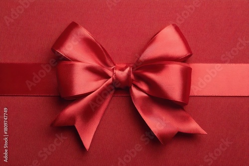 Elegant red satin ribbon bow tied on a textured red background with a horizontal ribbon accent
