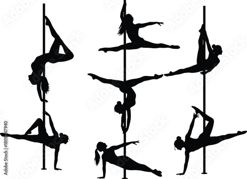 Silhouette vector illustration of female pole dancers performing dynamic acrobatic poses on poles, showcasing strength, flexibility,