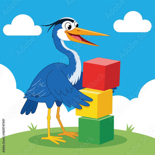 Cute Cartoon Blue Heron Playing with Colorful Building Blocks. Happy Bird Character Stacking Toys in Nature for Kids Education and Learning Vector Illustration.