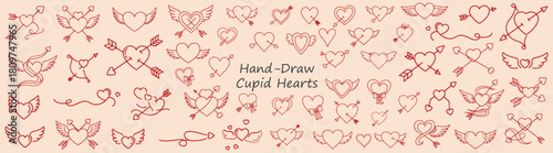 Collection of hand drawn red hearts with arrows and wings on a cream colored background design element