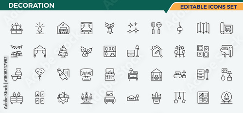 Set of Decoration line icon. It contains symbols to house interior, decor, house, architecture and more. Decor icon collection. UI icons set in a thin style. Pixel perfect. Editable vector.