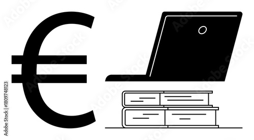 Euro sign beside laptop on books illustrates financial, digital learning, innovation. Ideal for online education, e-learning, knowledge economy, financial planning, tech globalization. Simple flat