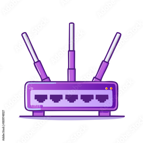 Modern purple wireless router with four ethernet ports and three antennas on a white background