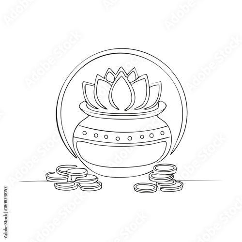 Traditional Indian kalash pot with lotus flower and coins symbolizing prosperity and financial abundance vector illustration