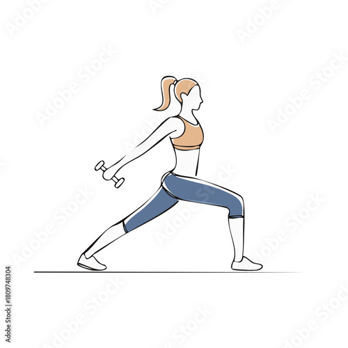 Woman in athletic wear performing a lunge exercise with dumbbells for strength training