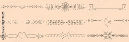 Collection of various decorative line dividers with floral and geometric elements on a beige background
