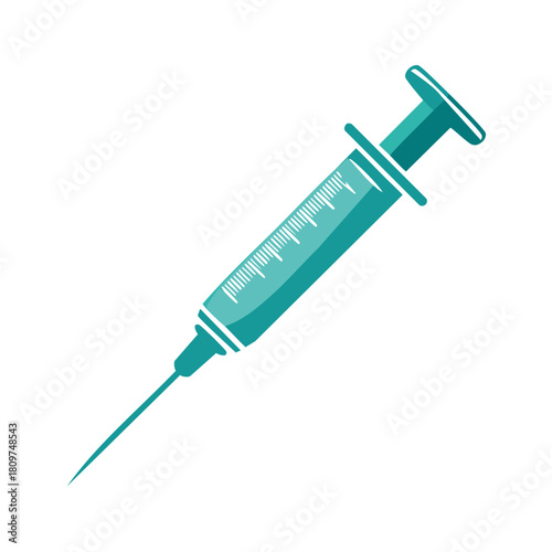 Teal medical syringe with needle for healthcare, vaccination, and treatment concept