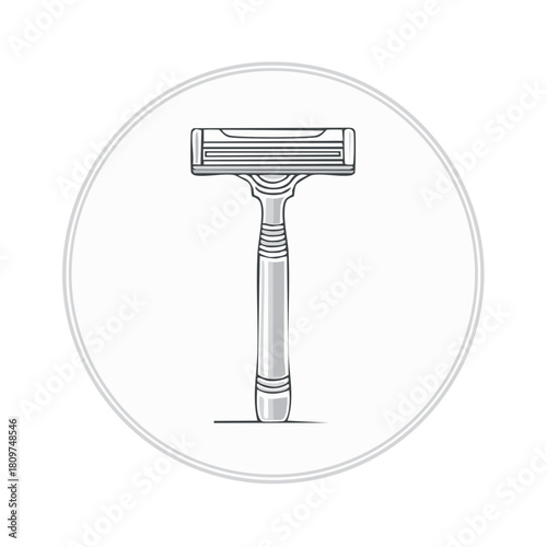 Clean vector line art illustration of a multi blade shaving razor personal hygiene tool icon