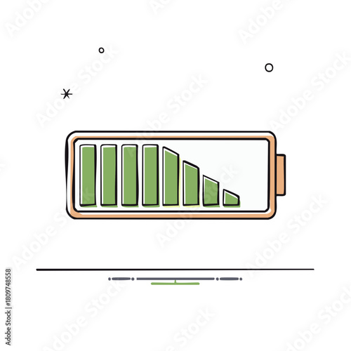 Stylized battery indicator showing decreasing power level and energy depletion