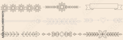 A collection of decorative floral and leaf design elements arranged in horizontal rows on a light background