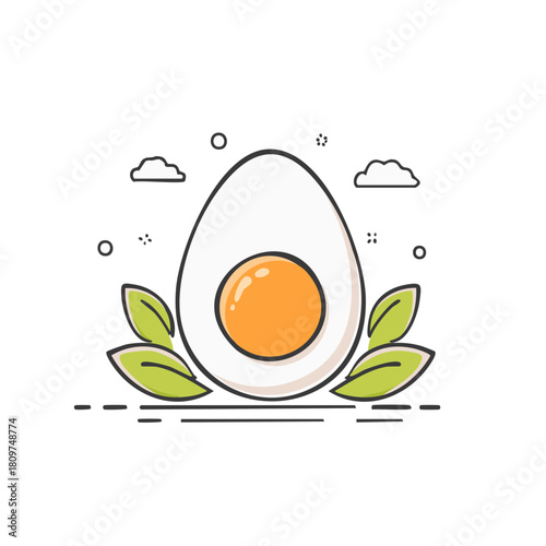 Simple illustration of a halved hard boiled egg with a bright orange yolk and green leaves stylized for healthy food or breakfast