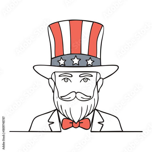 Cartoon patriotic man with star spangled top hat and bow tie line drawing