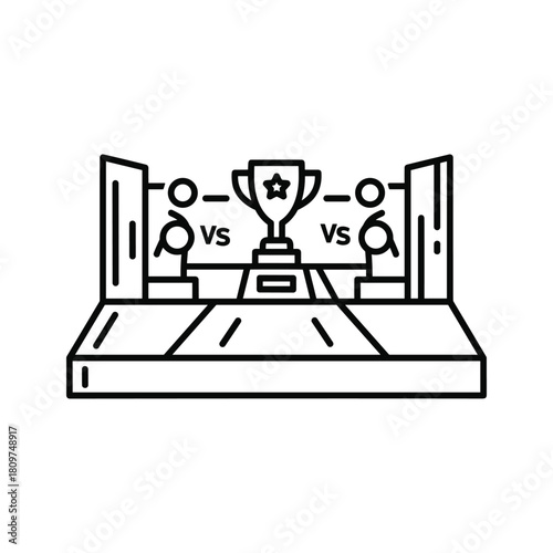 Competitive esports or gaming match icon featuring two players facing off for a championship trophy on a stage
