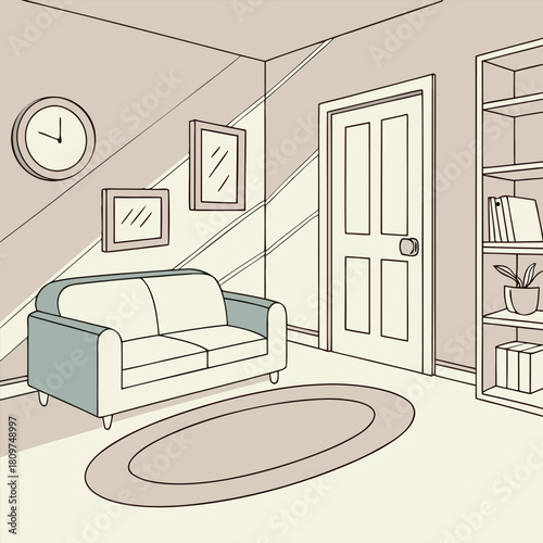 Living room interior with sofa clock pictures bookcase and closed door