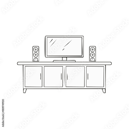 Simple line art illustration of a television and home theater speakers on a media console cabinet