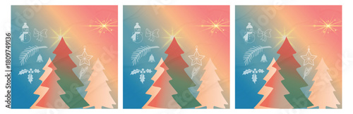 Three stylized pine trees with winter elements and glowing star on gradient background vector illustration