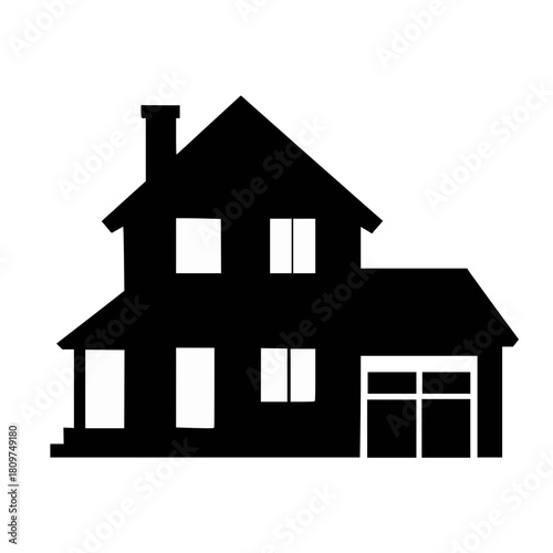 Black silhouette of a multi-level home with chimney and garage, isolated on white background