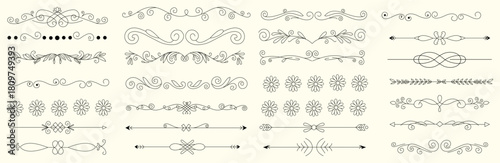 Collection of various hand drawn decorative dividers and borders on a cream colored background