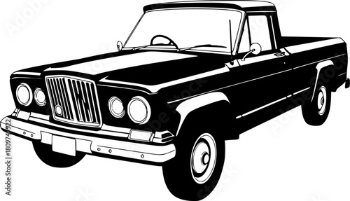 Black and White Vector Illustration of a Vintage 4x4 Pickup Truck
