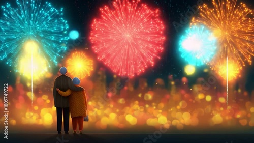 Celebrating Together: An Animated Scene of Two Elderly Figures Enjoying a Beautiful Fireworks Display Against a Vibrant Skyline, Signifying Joy, Love, and Togetherness