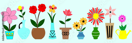 A collection of cartoon flowers in various vases and pots against a light blue background design art