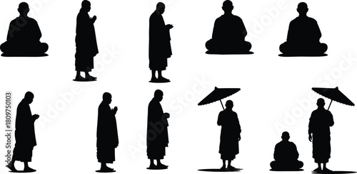 Monk, silhouette, meditation, spiritual, pose, prayer, culture, tradition, black, figure, calm, peaceful, parasol, seated, standing, mindfulness, Buddhism, temple, practice, harmony