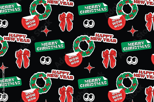 Christmas wreath pattern, stickers, decals in retro Y2K style - festive pop art template for wrapping paper, stationery, holiday cards and textile prints, banners, merchandise, digital backgrounds, we