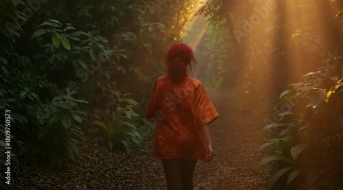 Jovem Ruiva Sorridente Caminhando pela Floresta