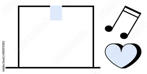 Laptop screen with blue music notes and heart symbolizing creativity, technology, and emotional expression. Ideal for communication, digital content, music, love, technology, media simple flat